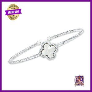 Sterling Silver Cuff Bracelet with Mother of Pearl and CZ, 7.5 Inches